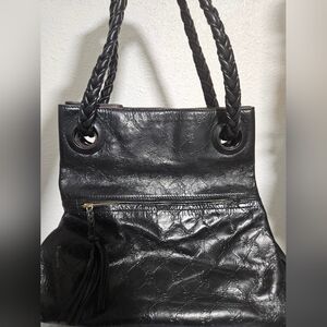 BCBGirls Black Leather Tote with Braided Handles